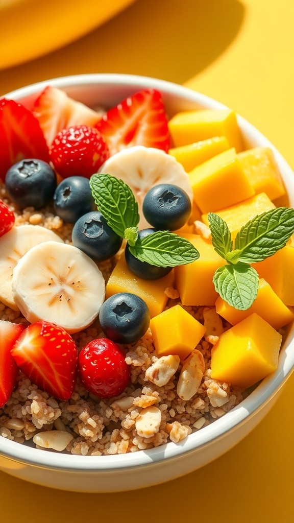 Healthy Quinoa Fruit Bowl Recipe A healthy quinoa fruit bowl with mixed fruits, nuts, and mint leaves, presented in a bright and inviting setting.